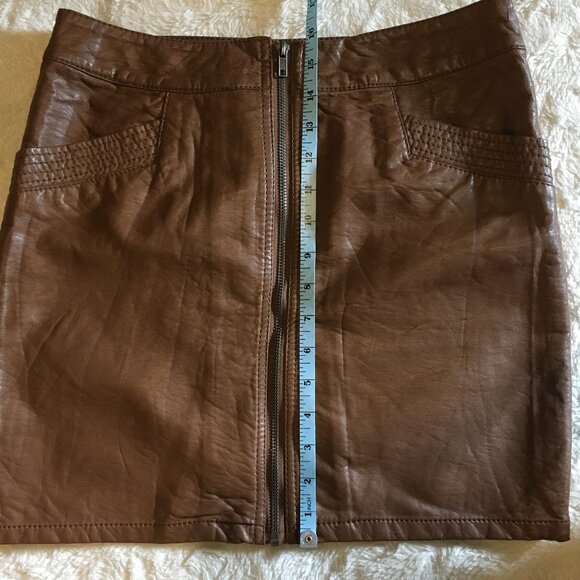 Cognac Vegan Leather Zip Up High Waist Mini Skirt - Picture 16 of 16
